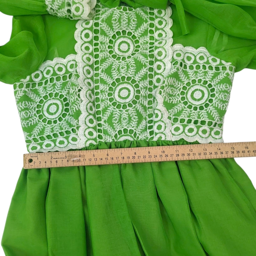 Vintage 70s Crochet Trimmed Maxi Peasant Dress Green Chiffon Overlay Womens S - Picture 7 of 14